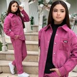 Burçak Butik Kız Çocuk Kışlık Fitilli Kadife Gömlek - Pantolon - Uzun Kol Badi - 3'lü Şık Takım - Bayramlık - 9 - 10 Yaş - Pembe