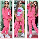 Burçak Butik Kız Çocuk Kot Ceket Kot Pantolon Baskılı Tişört 3'lü Kombin - 3 - 4 Yaş - Pembe - Beyaz