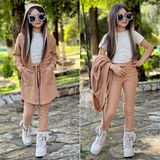 Burçak Butik Kız Çocuk Mevsimlik Kapüşonlu Hırka / Tayt / Badi Fitilli 3'lü Takım - Bayramlık - Kahverengi - Beyaz - 4 - 5 Yaş