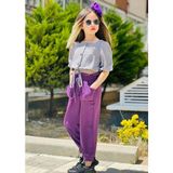 Burçak Butik Kız Çocuk Toka / Ayrobin Kumaş Alt-Üst Takım - 3 - 4 Yaş - Gri - Mor