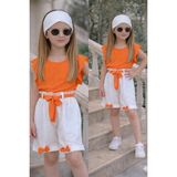 Burçak Butik Kız Çocuk Yazlık Müslin Şortlu Set | Bluz Bandana Kemer Tak-Çıkar Fiyonk Hediyeli Takım - 5 - 6 Yaş - Turuncu - Beyaz