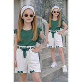 Burçak Butik Kız Çocuk Yazlık Müslin Şortlu Set | Bluz Bandana Kemer Tak-Çıkar Fiyonk Hediyeli Takım - 5 - 6 Yaş - Yeşil - Beyaz