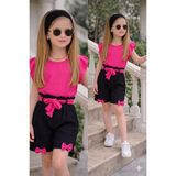 Burçak Butik Kız Çocuk Yazlık Müslin Şortlu Set | Bluz Bandana Kemer Tak-Çıkar Fiyonk Hediyeli Takım - 6 - 7 Yaş - Pembe - Siyah