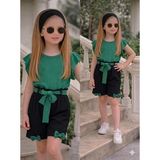 Burçak Butik Kız Çocuk Yazlık Müslin Şortlu Set | Bluz Bandana Kemer Tak-Çıkar Fiyonk Hediyeli Takım - 6 - 7 Yaş - Yeşil - Siyah