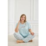 Burcumay Kadın Desenli Mavi Kısa Kollu Esnek Yumuşak Dokulu Milan Kumaş Yazlık Büyük Beden Pijama Takımı