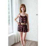 Burcumay Kadın Desenli Yazlık Şortlu Askılı Kolsuz Siyah Mini Crop Pijama Takımı