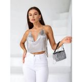 Burcumay Kadın Gri Gümüş Parlak Taşlı Payetli Mini Crop Kayık Yaka Seksi Zincirli Bluz Zırh Büstiyer