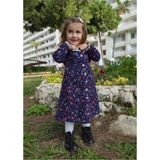 Burcumay Kışlık Kalın Çiçek Desenli Cepli Pazen Kumaş Bebe Yaka Lacivert Kız Çocuk Elbise - 4 - 5 Yaş