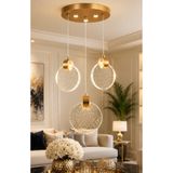 Burenze Luxury Modern Üçlü Yuvarlak Sarkıt Kristal Camlı Led Avize Gold Sarı Ledli Avize