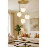 Burenze Modern Camlı Avize Beyaz Mat Glop Camlı Sarkıt Dörtlü Salon Avizesi Eskitme Gold