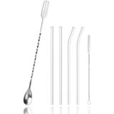 Burgulu Çatallı Bar Kaşığı 33 cm Kokteyl Karıştırma Kaşığı & Cam Pipet Seti - Gümüş