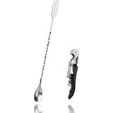 Burgulu Çatallı Bar Kaşığı 33 cm Kokteyl Karıştırma Kaşığı & Çok Fonksiyonlu Açacak Tirbuşon - Gümüş