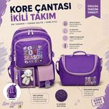 Burkay Çanta Kore Tarzı Ayıcıklı Ilkokul Çantası ve Termal Beslenme Çantası 2'li Set - Koyu Mor