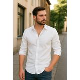 Bürke Sofya Keten Dokulu Uzun Kollu Beyaz Yarım Oversize Erkek Gömlek