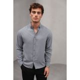 Bürke Yazlık Keten Dokulu Uzun Kollu Gri Yarım Oversize Erkek Gömlek