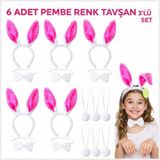 Büro Ev Ofis Etkinlik Gösteri Kostümü için 6SET Şeker Pembe Tavşan Taç Papyon Kuyruk Seti