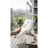 Bürosaray Tek Kişilik Uzanmalı Rattan Görünümlü Bahçe Balkon Salıncağı Minderli Ayak Uzatmalı Geniş Oturumlu Teras Veranda Dış Mekan Salıncak - Beyaz