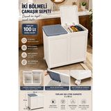 Bursev Tekerlekli Katlanır Çift Bölmeli Çamaşır Sepeti 100 Lt – Pratik ve Geniş Hacimli Kirli Çamaşır Sepeti - 61X49,5X36 CM - Beyaz