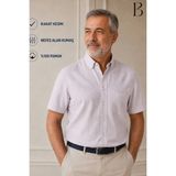 BURSPA Rahat Kesim Klasik Erkek Baba Kısa Kol %100 Pamuk Keten Gömlek - Açık Lila