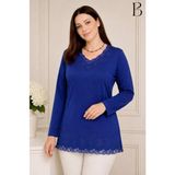 Burspa Rahat Kesim V Yaka Etek Ucu Tül Inci Işlemeli Mavi Anne Penye Bluz - 2XL