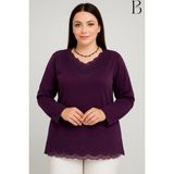 Burspa Rahat Kesim V Yaka Etek Ucu Tül Inci Işlemeli Mor Anne Penye Bluz - 2XL