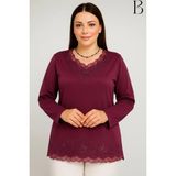 BURSPA Rahat Kesim V Yaka Etek Ucu Tül Inci Işlemeli Mürdüm Anne Penye Bluz - XL