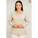 BURSPA Rahat Kesim V Yaka Etek Ucu Tül ve Inci Işlemeli Krem Anne Penye Bluz - Krem Rengi - 2XL