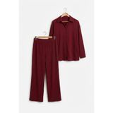Bürümcük Kumaş Düğmeli Gömlek Pantolon Alt Üst Takım-Bordo-6XL