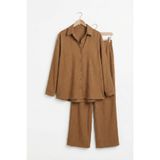 Bürümcük Kumaş Düğmeli Gömlek Pantolon Alt Üst Takım-Camel-2XL