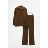 Bürümcük Kumaş Düğmeli Gömlek Pantolon Alt Üst Takım-Kahverengi-3XL