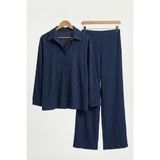 Bürümcük Kumaş Düğmeli Gömlek Pantolon Alt Üst Takım-Lacivert-4XL