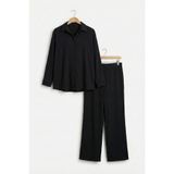 Bürümcük Kumaş Düğmeli Gömlek Pantolon Alt Üst Takım-Siyah-5XL