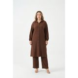 Bürümcük Kumaş Gömlek Yaka Tunik Takım Boydan Düğmeli Tesettüre Uygun Büyük Beden-Kahverengi-3XL