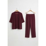 Bürümcük Kumaş Şal Yaka Kimono Takım-Bordo-M