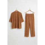 Bürümcük Kumaş Şal Yaka Kimono Takım-Camel-L