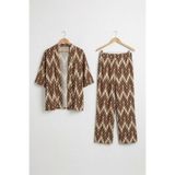 Bürümcük Kumaş Şal Yaka Kimono Takım-Desenli Kahverengi-5XL
