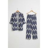 Bürümcük Kumaş Şal Yaka Kimono Takım-Desenli Lacivert-2XL