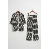 Bürümcük Kumaş Şal Yaka Kimono Takım-Desenli Siyah-54