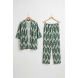 Bürümcük Kumaş Şal Yaka Kimono Takım-Desenli Yeşil-54