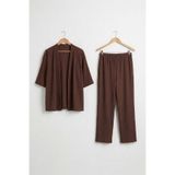 Bürümcük Kumaş Şal Yaka Kimono Takım-Kahverengi-M