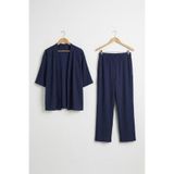 Bürümcük Kumaş Şal Yaka Kimono Takım-Lacivert-2XL