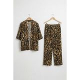 Bürümcük Kumaş Şal Yaka Kimono Takım-Leopar-4XL