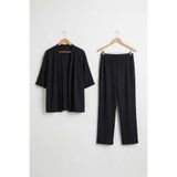 Bürümcük Kumaş Şal Yaka Kimono Takım-Siyah-M