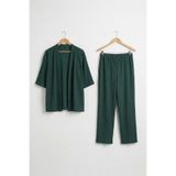 Bürümcük Kumaş Şal Yaka Kimono Takım-Yeşil-XL