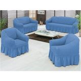 Bürümcük Pamuklu Koltuk Kanepe Örtüsü Takımı Lastikli Etekli Koltuk Kanepe Kılıfı 3+3+1+1 - 180 x 230 cm - Mavi