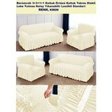 Bürümcük Pamuklu Koltuk Kanepe Örtüsü Takımı Lastikli Etekli Koltuk Kanepe Kılıfı 3+3+1+1 Standart - 180 x 230 cm - Krem