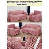 Bürümcük Pamuklu Koltuk Kanepe Örtüsü Takımı Lastikli Etekli Koltuk Kanepe Kılıfı 3+3+1+1 Standart - 180 x 230 cm - Pudra