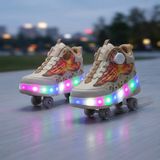 BURUNİ Akıllı Bağcıklı LED Işıklı Patenli Bej Çocuk Ayakkabı – Ortopedik Taban, 2’si 1 Arada (Spor & Paten), Renkli Işıklı Tekerlekli Sneaker - Bej - Kahverengi