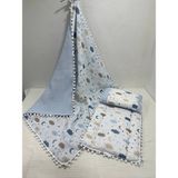 Buse Baby Home Mavi Müslin ve Ponponlu Alt Açma Yastık Battaniye 3'lü Set %100 Pamuklu 100x100 cm