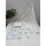 Buse Baby Home Poplin Kumaş ve Ponponlu Alt Açma , Yastık ve Battaniye 3'lü Set - Krem - 100 x 100